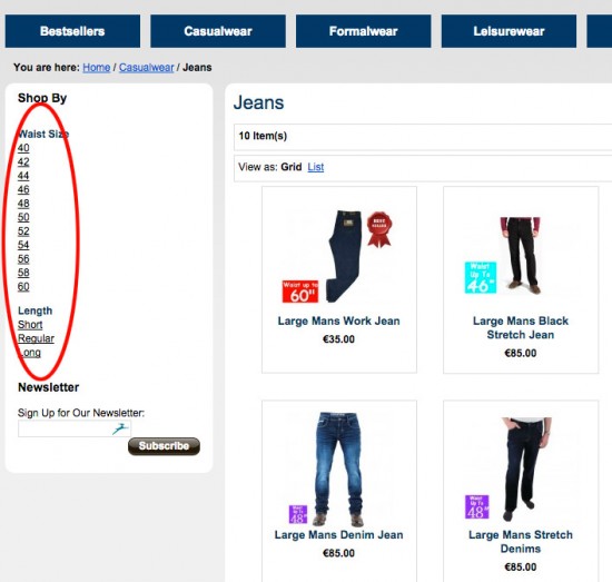 Viewers can filter products displayed by choosing specific attributes such as size, colour etc